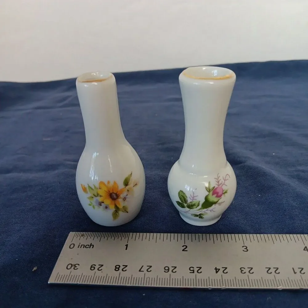 Miniature Vase 2 1/2” Tall Porcelain  Yellow and Pink Flowers Gold Rim